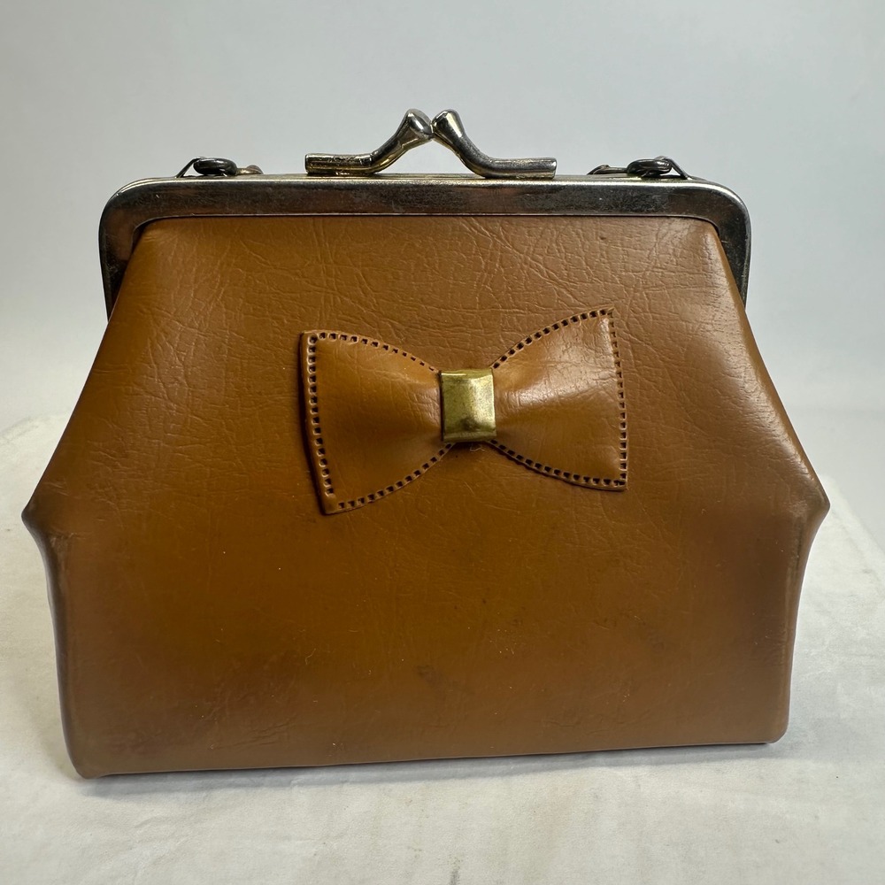 Vintage Style Cognac Brown Bow Frame‎ Clutch Kiss Lock Chain Handle Handbag - Picture 2 of 10